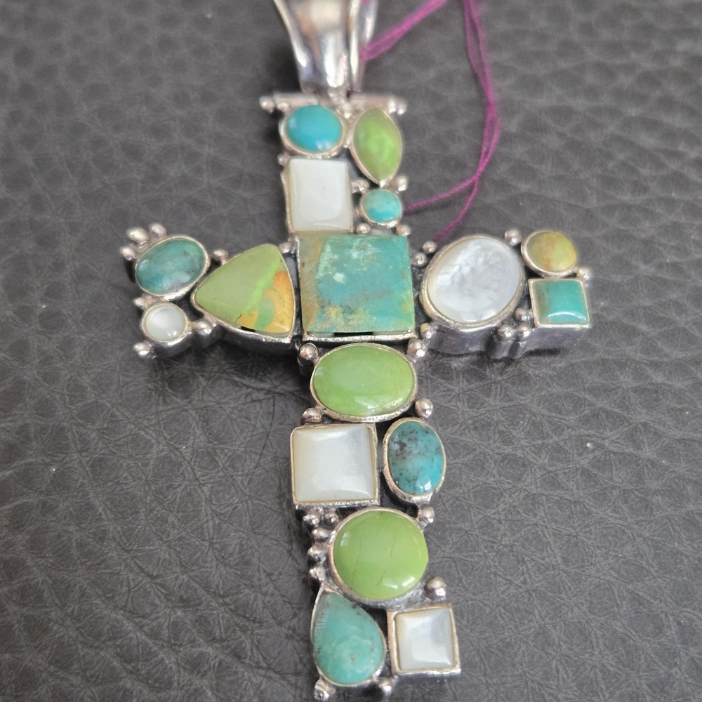 Silver Cross Pendant with Multicolor Gemstones